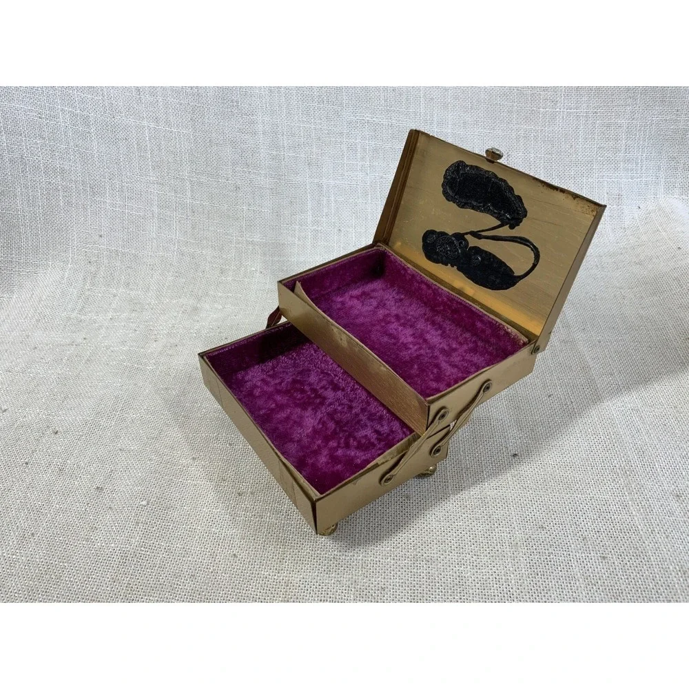 VTG 1950s Metal 2-tier Hinged Gold Jewelry Box Rhinestones Velvet Interior READ